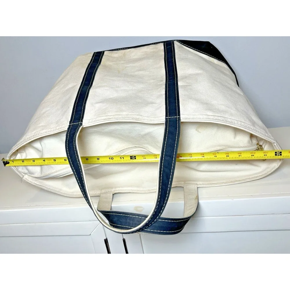 Vtg LL Bean Boat and Tote Bag XL 80s Cream Black Trim Stiff Zip Closure Canvas